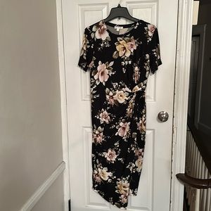 Black, Floral Print Midi Dress - Nine Britton, Brushed Knit - XL